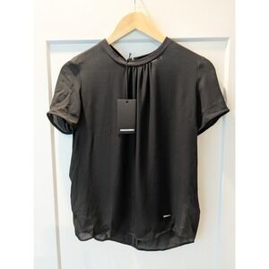 DSQUARED2 Black 100% Silk Short Sleeve‎ Gathered Neck Blouse Sz 38 Made in Italy